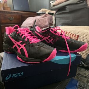 ASICS Women's Black with Hot Pink Athletic Tennis Shoes